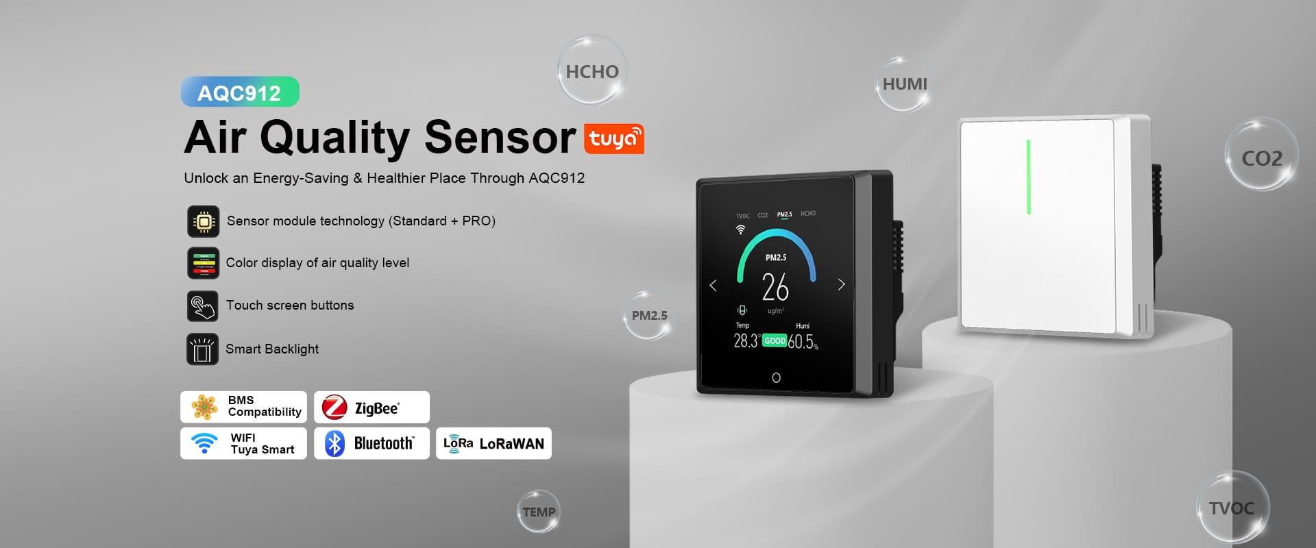 6 In 1 Smart Indoor Air Quality Monitor with CO2, HCHO, AQI, PM2.5, Temperature and Humidity Monitorin AQC912
